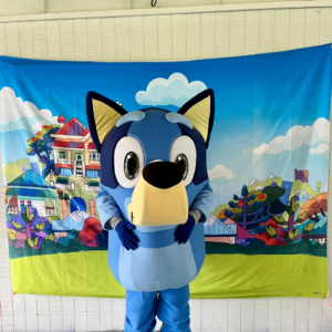 Breakfast with our favorite Blue Dog posing infront of