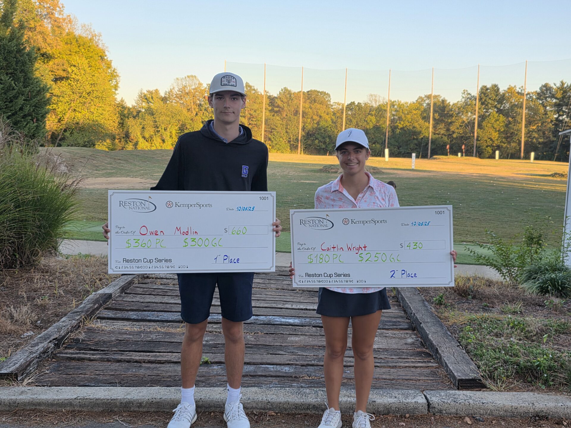 Junior golfers holding up their checks from placing in the Reston Junior Open Championship